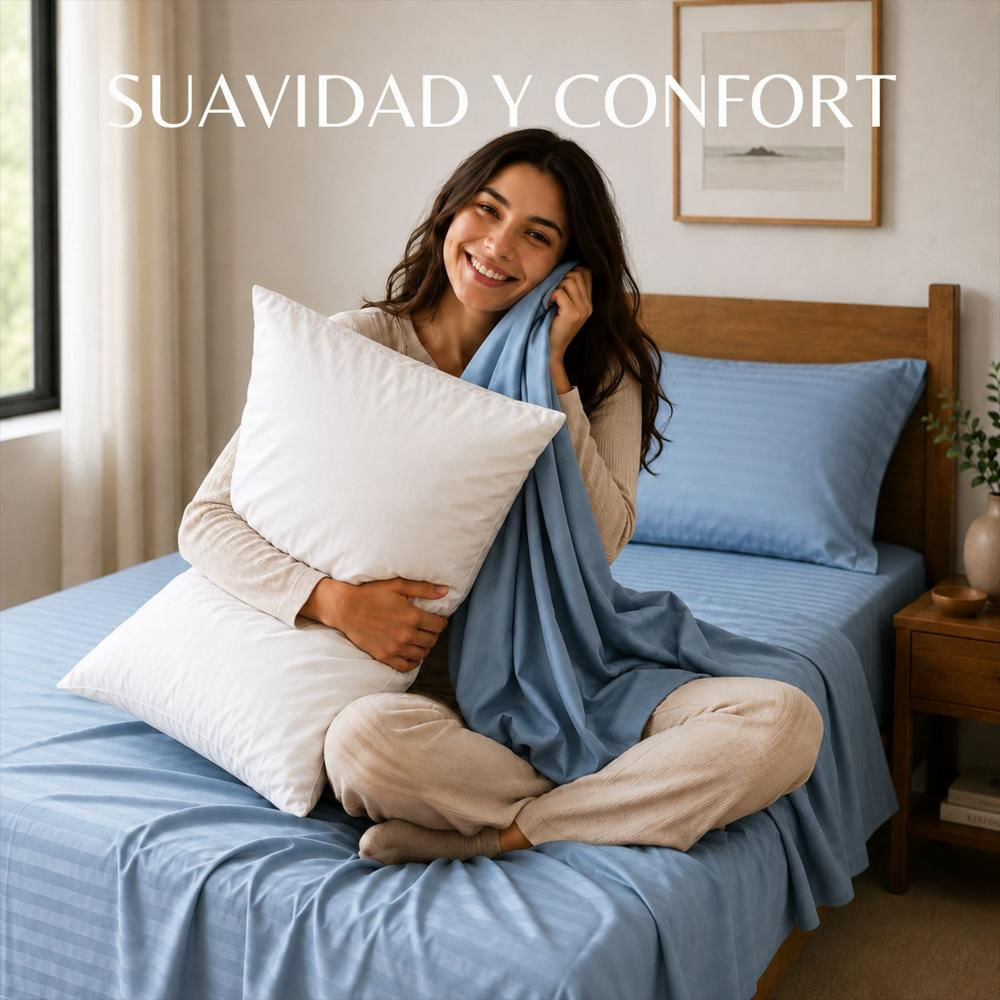 Combo Juego De Sábanas + 2 Almohadas Siliconadas King Celeste img #3