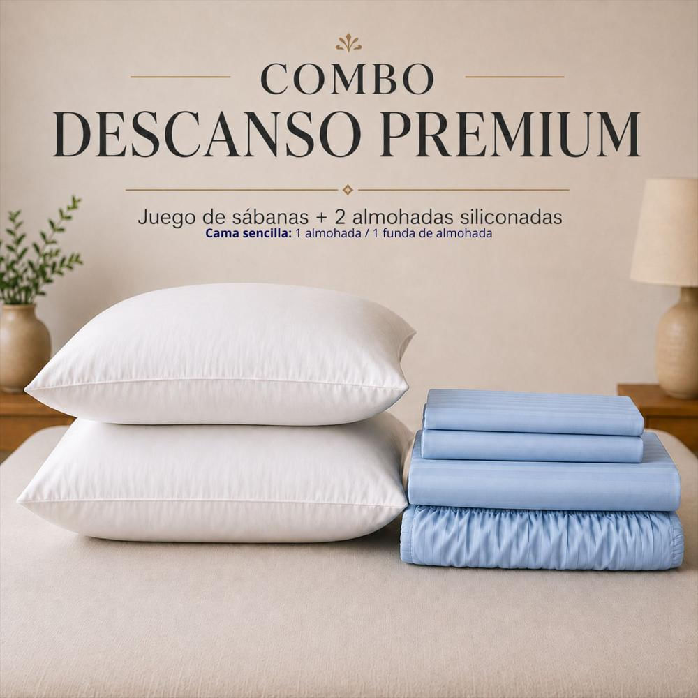 Combo Juego De Sábanas + 2 Almohadas Siliconadas King Celeste img #4