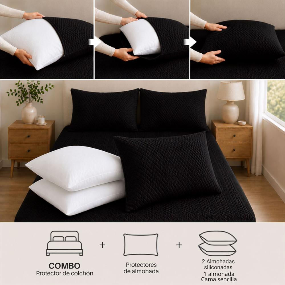 Combo Protector Colchon + 2 Almohadas Siliconadas Semidoble Negro img #4