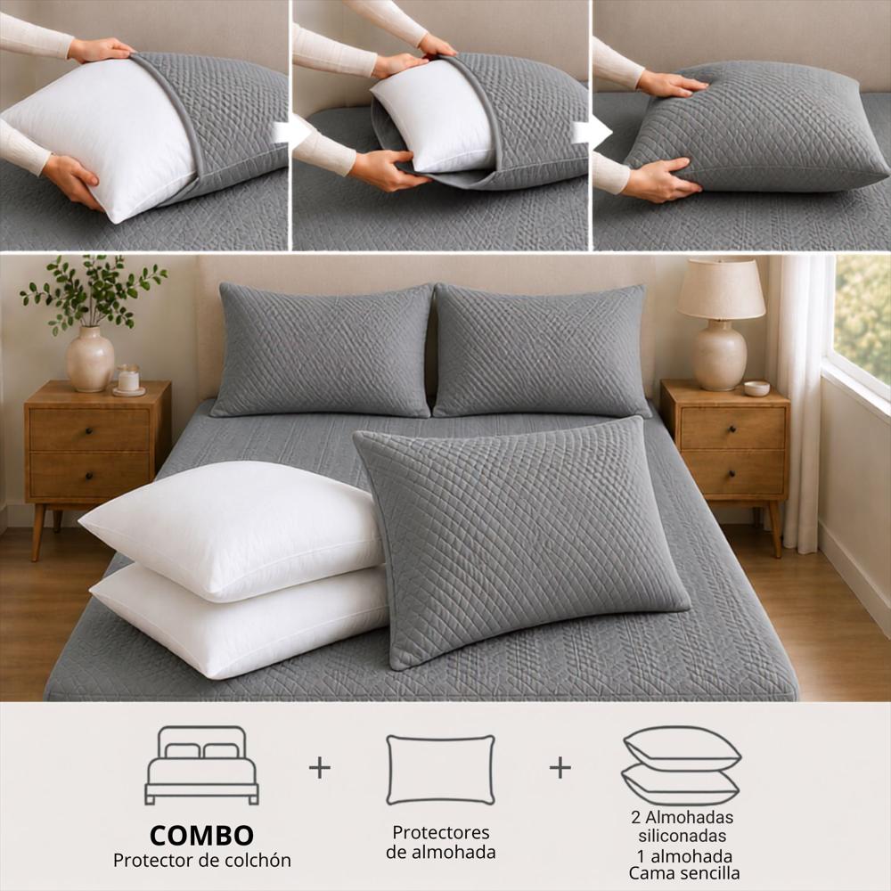 Combo Protector Colchon + 2 Almohadas Siliconadas King Gris img #4