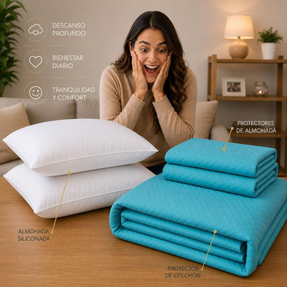 Combo Protector Colchon + 2 Almohadas Siliconadas Queen Turquesa img #3