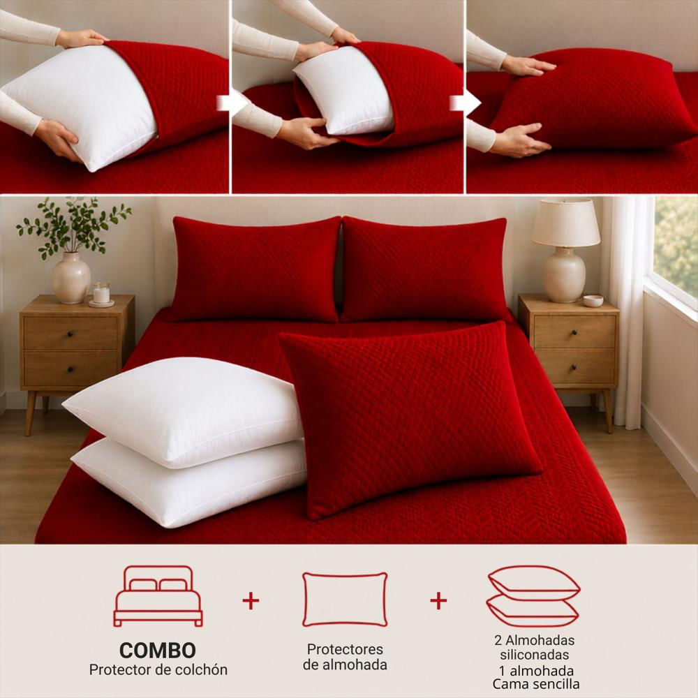 Combo Protector Colchon + 2 Almohadas Siliconadas Queen Rojo img #4
