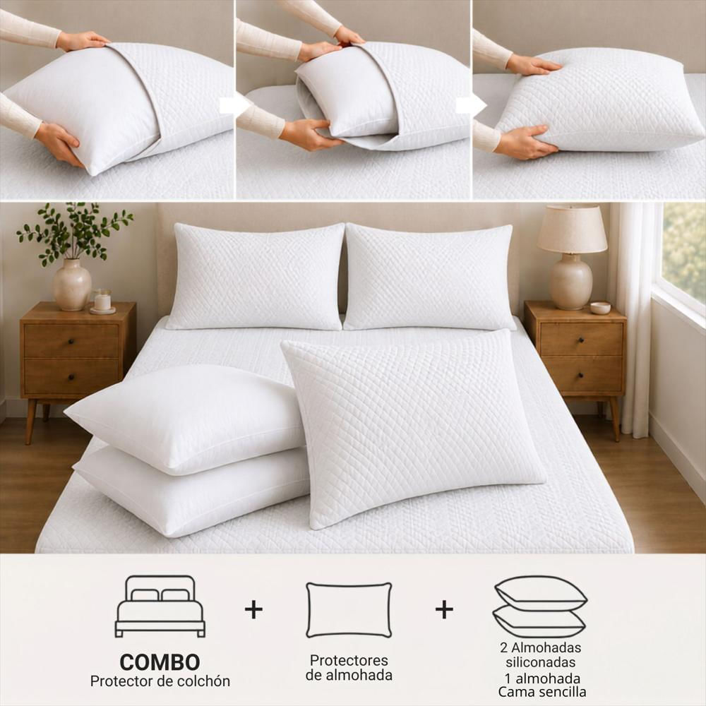 Combo Protector Colchon + 1 Almohada Siliconada Sencillo Blanco img #4