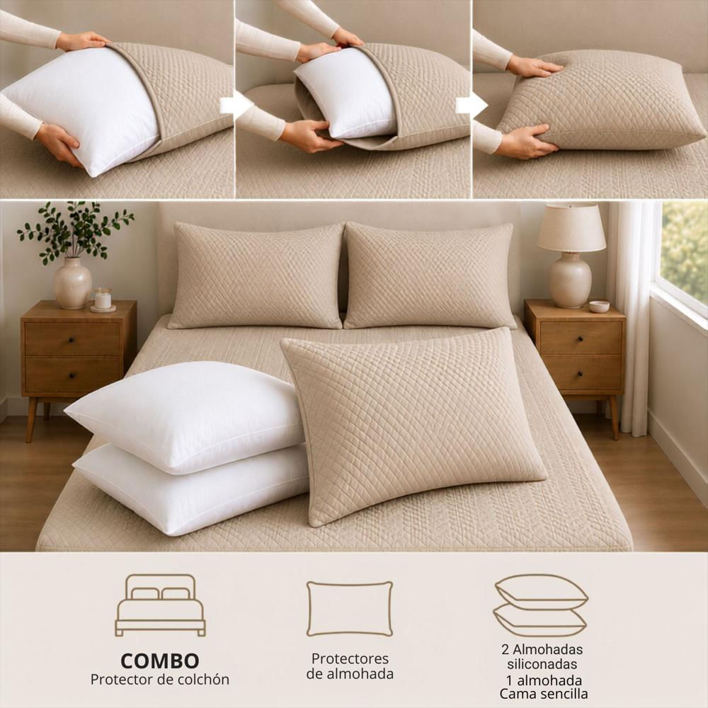 Combo Protector Colchon + 2 Almohadas Siliconadas Semidoble Beige img #4