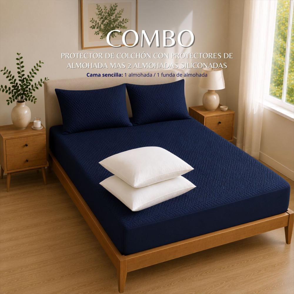 Combo Protector Colchon + 2 Almohadas Siliconadas Semidoble Azul img #2
