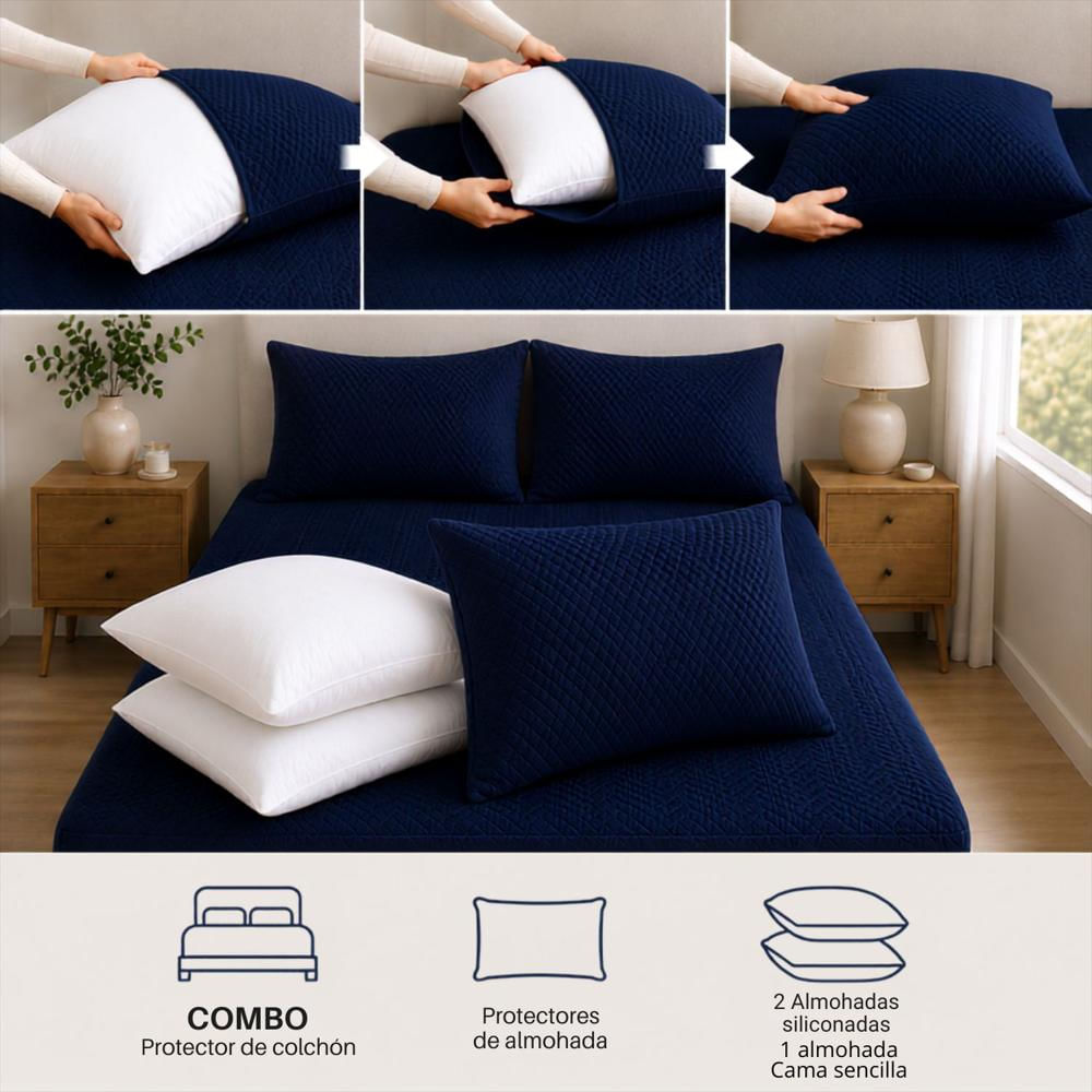 Combo Protector Colchon + 2 Almohadas Siliconadas Semidoble Azul img #4