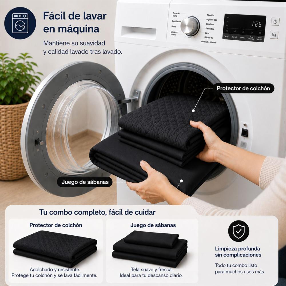 Combo Protector Colchon + Juego De Sábanas Sencilla Negro img #4