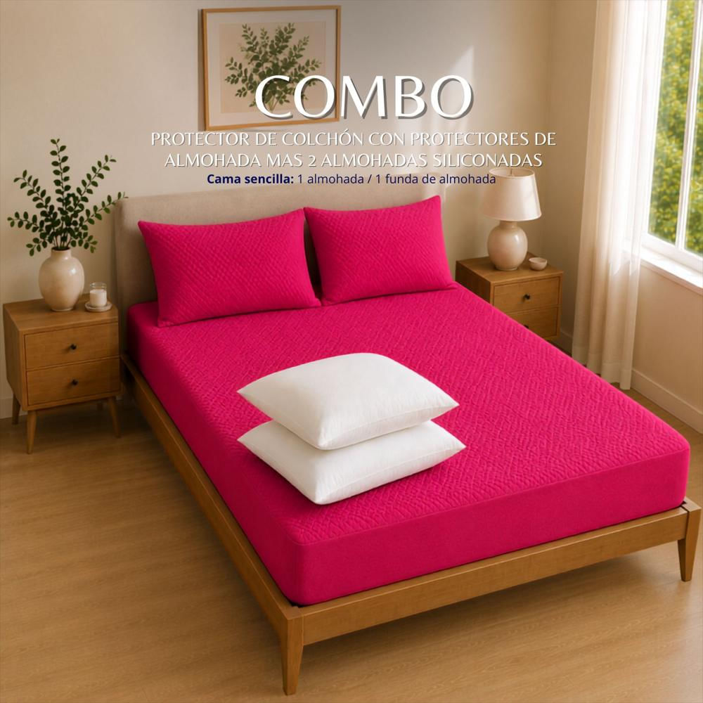 Combo Protector Colchon + 2 Almohadas Siliconadas Semidoble Fucsia img #2