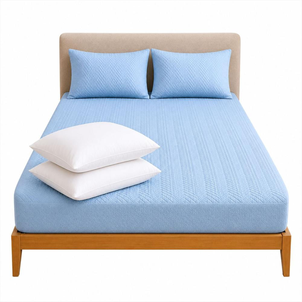 Combo Protector Colchon + 2 Almohadas Siliconadas Semidoble Celeste img #1