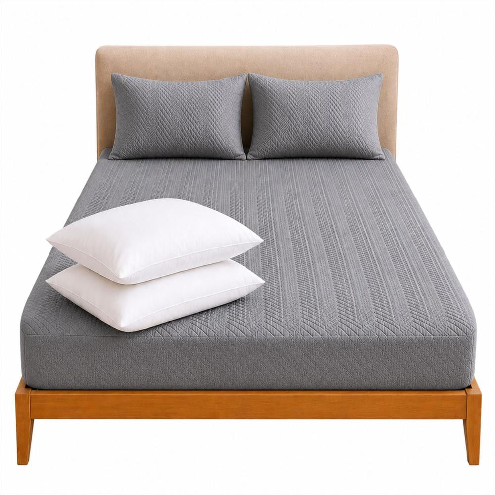 Combo Protector Colchon + 2 Almohadas Siliconadas Doble Gris img #1