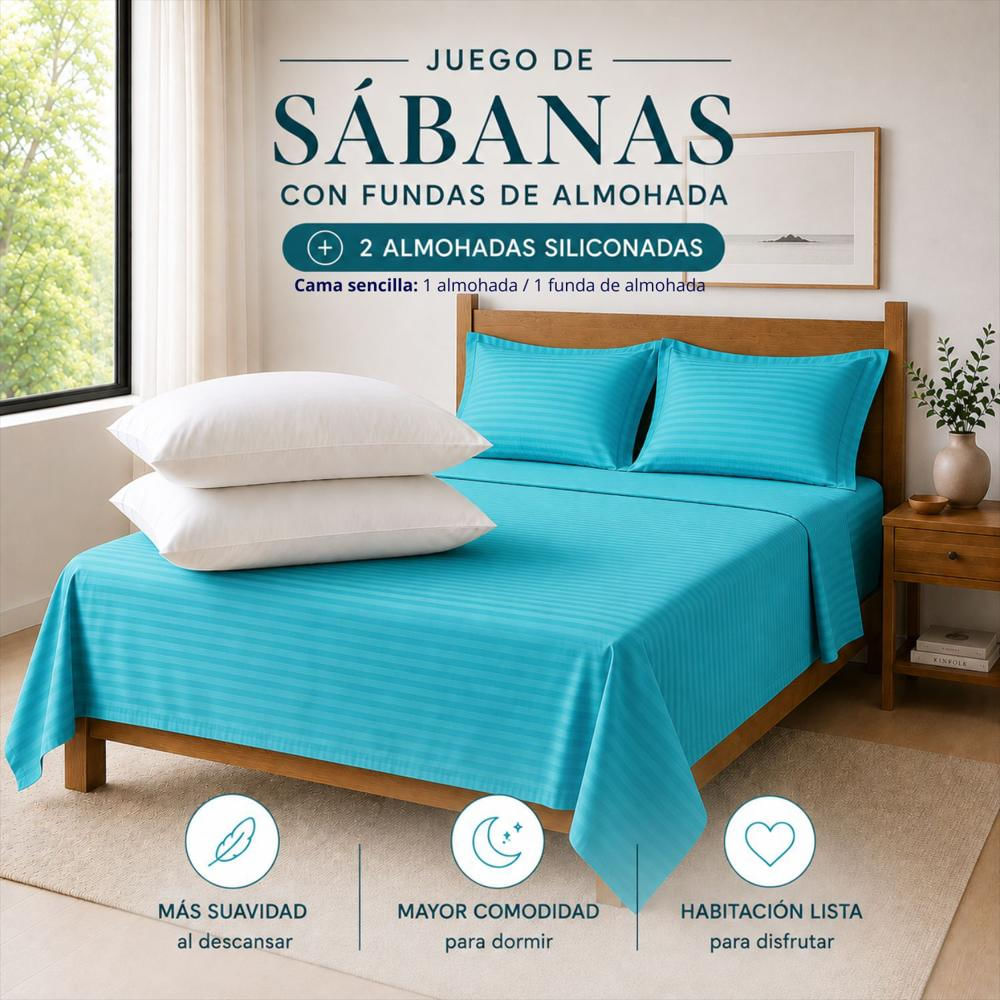 Combo Juego De Sábanas + 2 Almohadas Siliconadas Doble Turquesa img #2