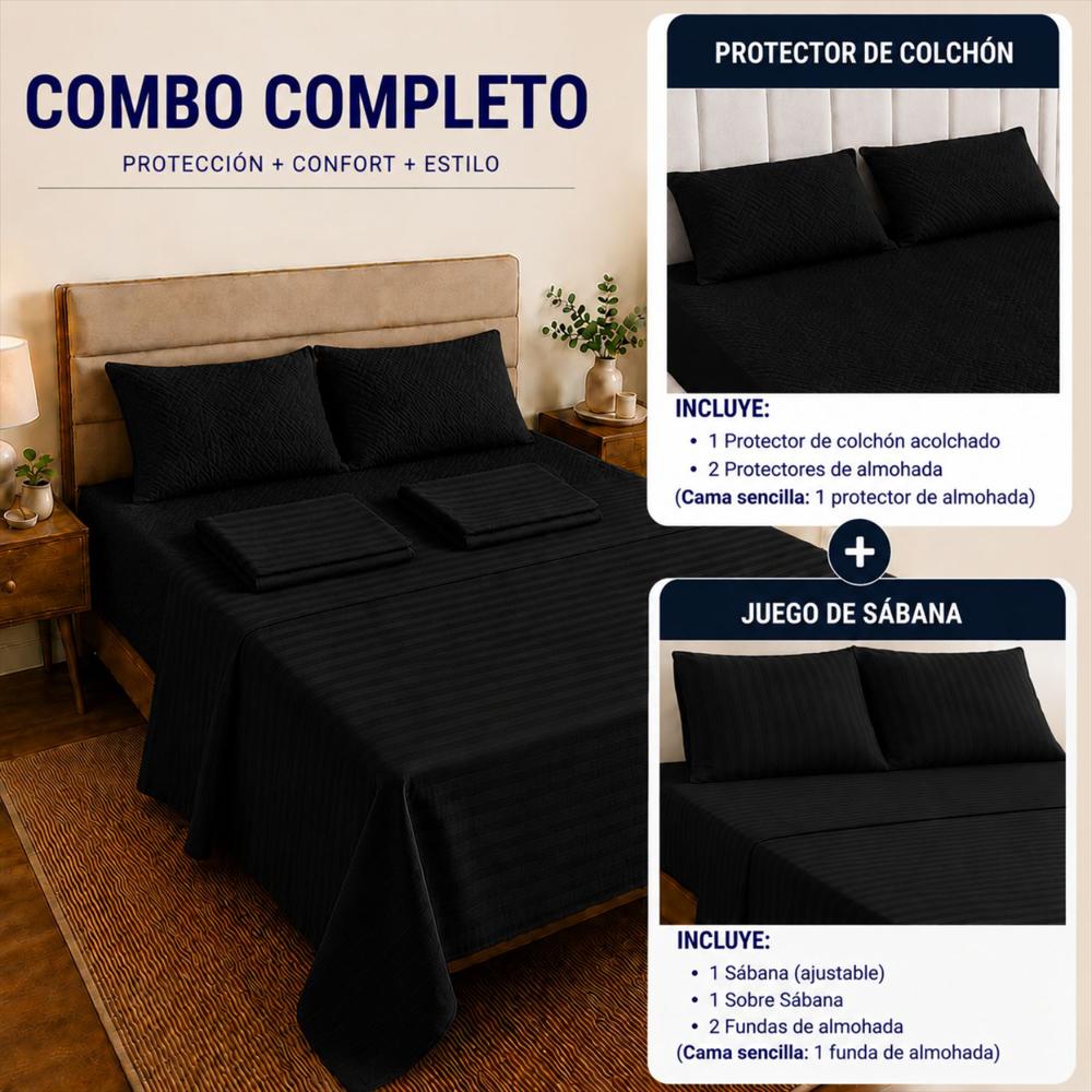 Combo Protector Colchon + Juego De Sábanas King Negro img #3