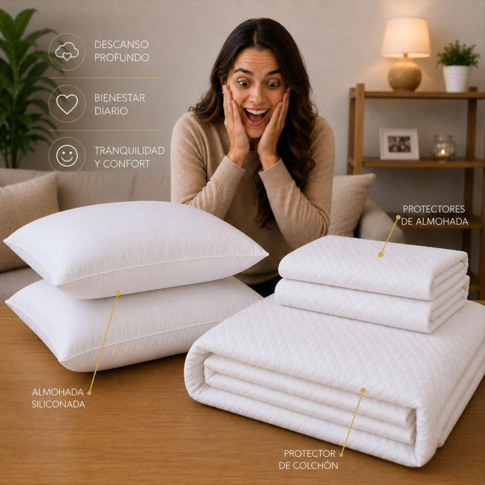 Combo Protector Colchon + 2 Almohadas Siliconadas Queen Blanco img #3