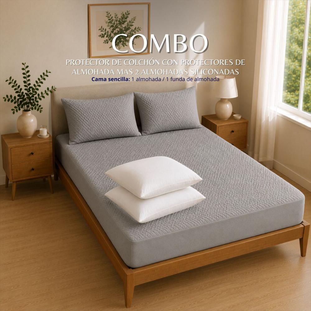 Combo Protector Colchon + 1 Almohada Siliconada Sencillo Gris img #2