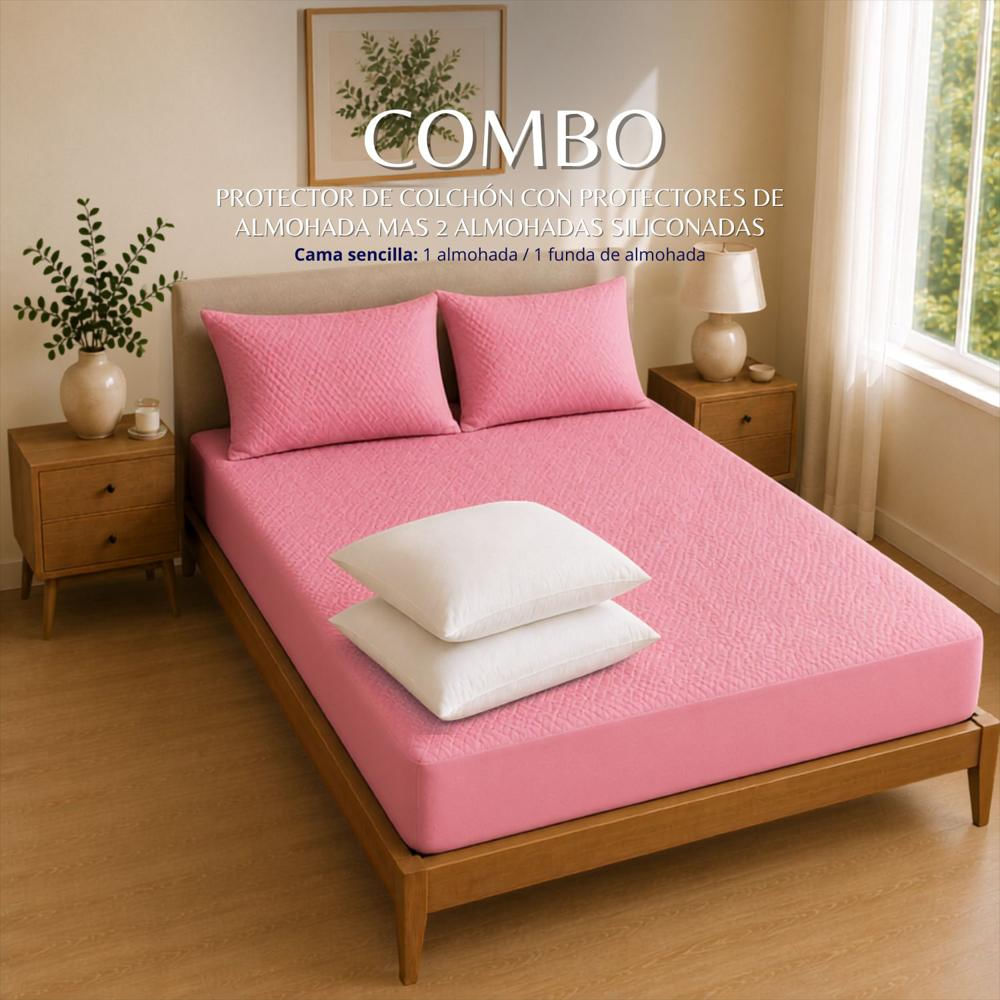 Combo Protector Colchon + 2 Almohadas Siliconadas Doble Rosado img #2