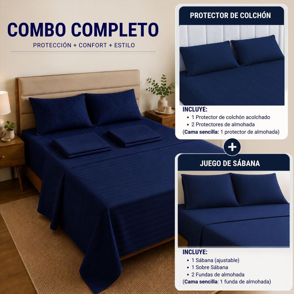 Combo Protector Colchon + Juego De Sábanas Queen Azul img #3