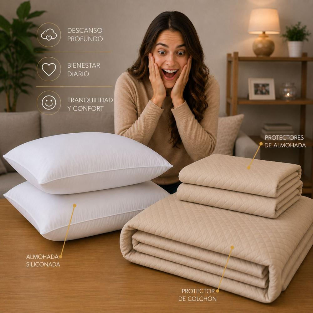 Combo Protector Colchon + 2 Almohadas Siliconadas Queen Beige img #3