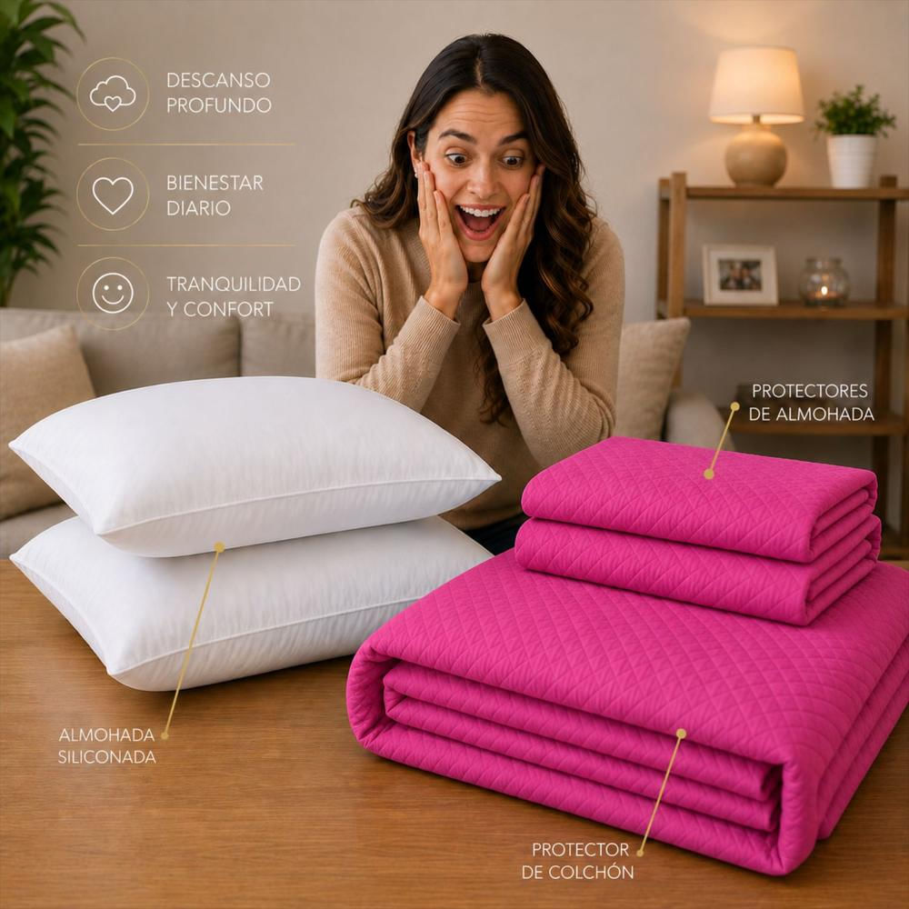 Combo Protector Colchon + 2 Almohadas Siliconadas King Fucsia img #3