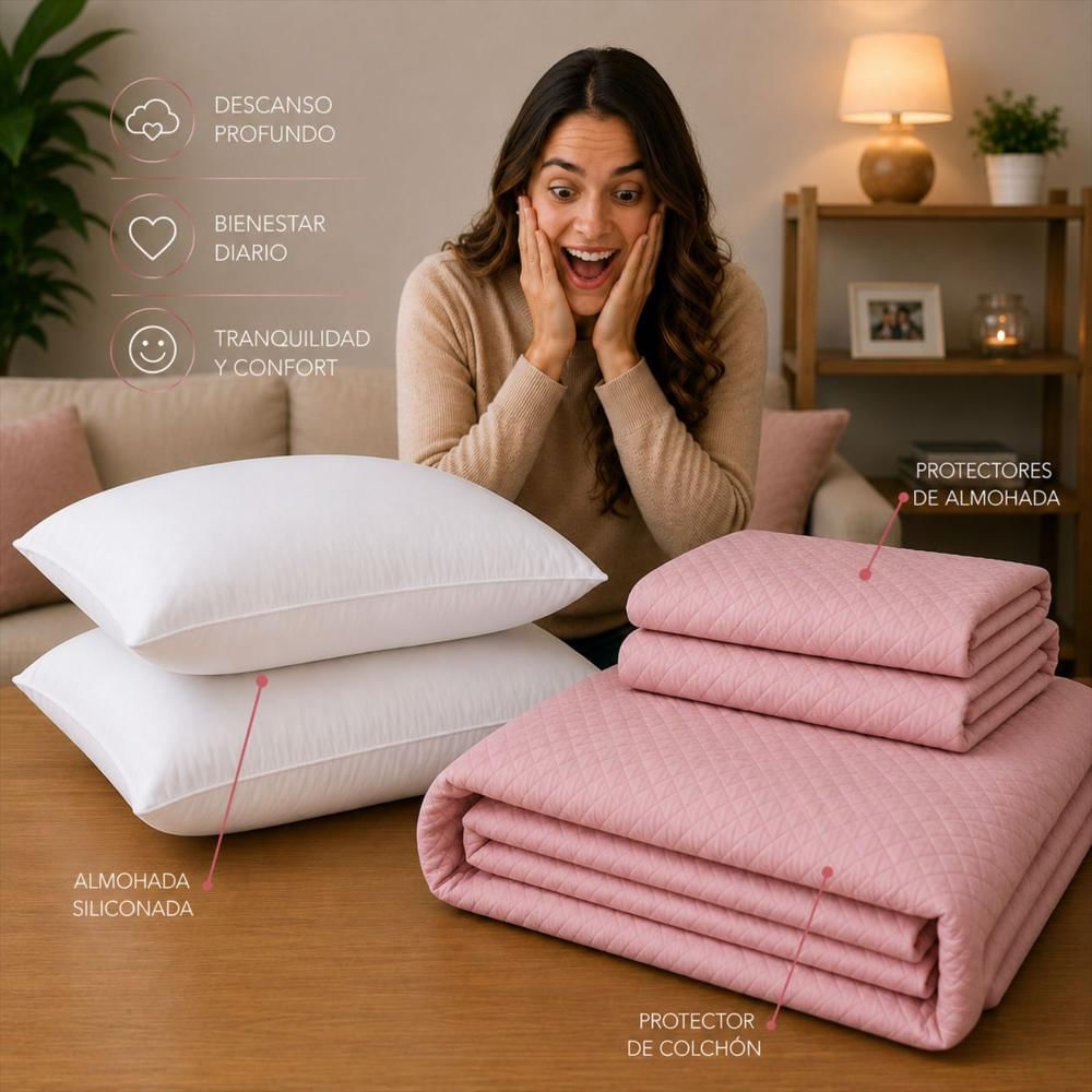 Combo Protector Colchon + 2 Almohadas Siliconadas King Rosado img #3