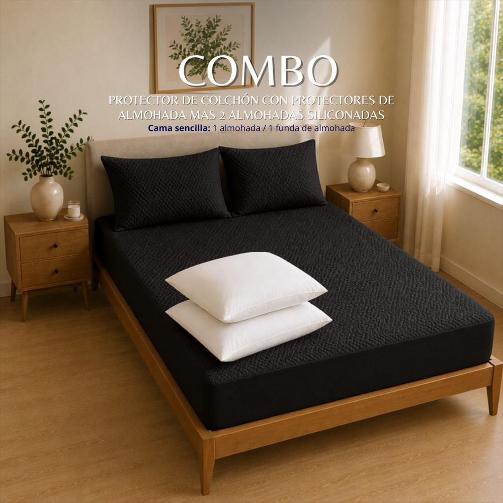 Combo Protector Colchon + 2 Almohadas Siliconadas Queen Negro img #2
