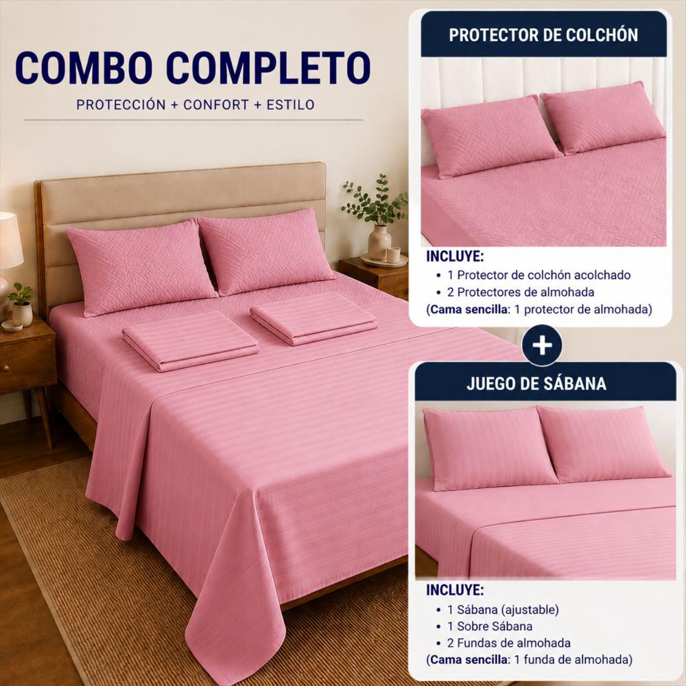 Combo Protector Colchon + Juego De Sábanas Queen Rosado img #3