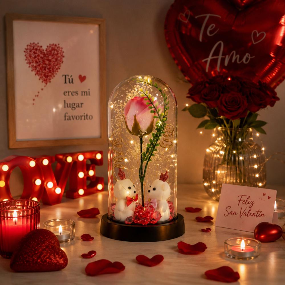 Rosa Eterna Decorativa Con Luces Led Y Ositos img #3