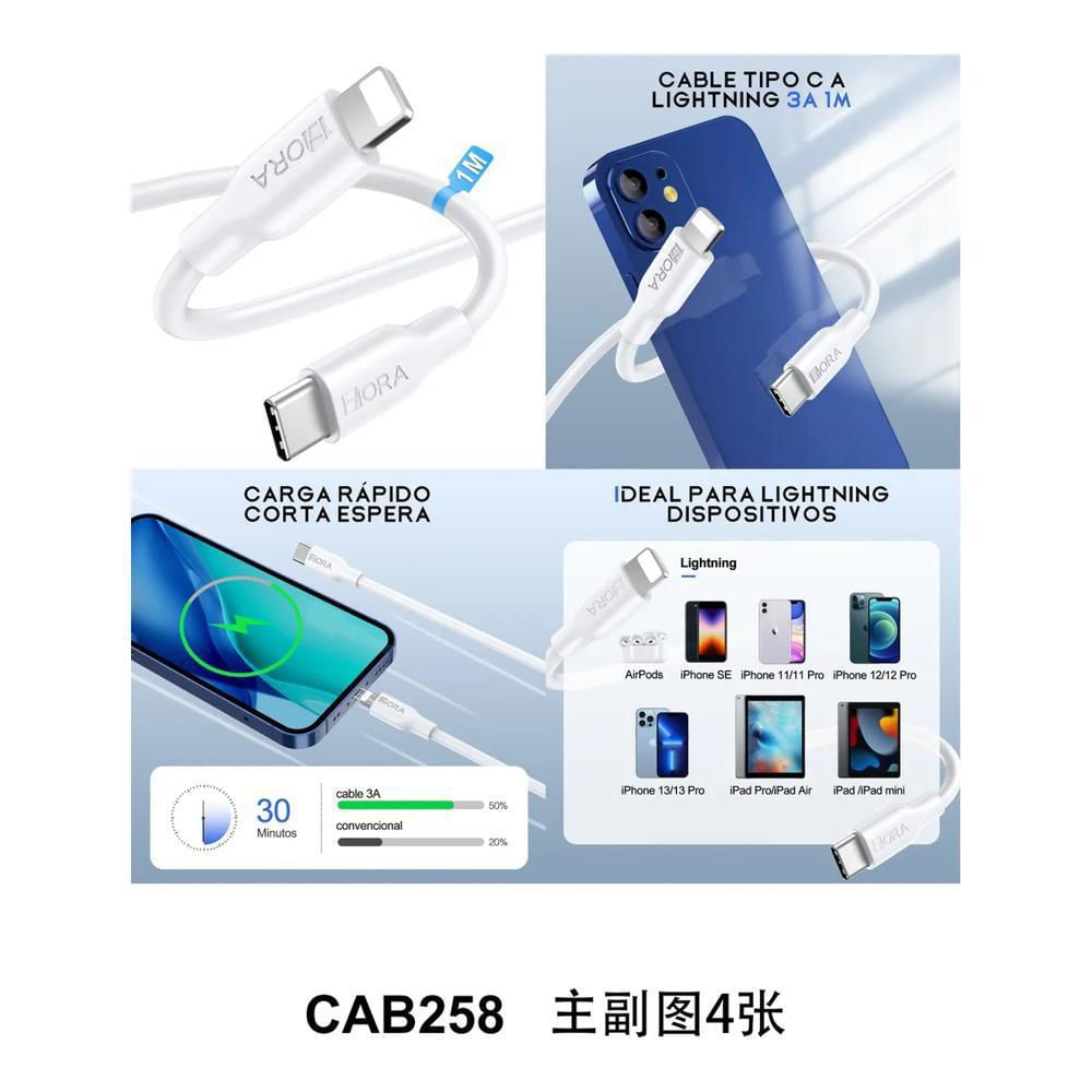 Cable Usb C A Lightning 1Hora Cab258 Carga Rápida 3A 1M Blanco img #2