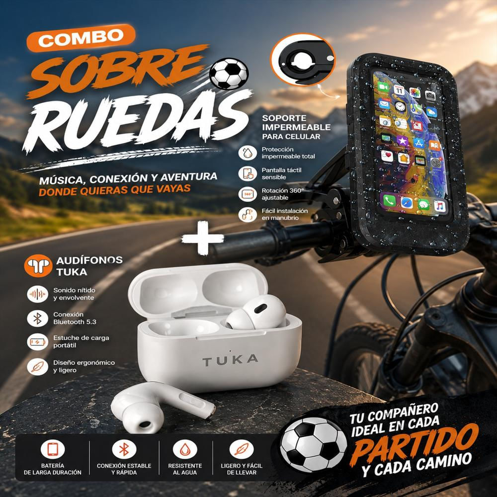 Combo Sobre Ruedas: Soporte Impermeable Celular + Audífonos Bluetooth img #2