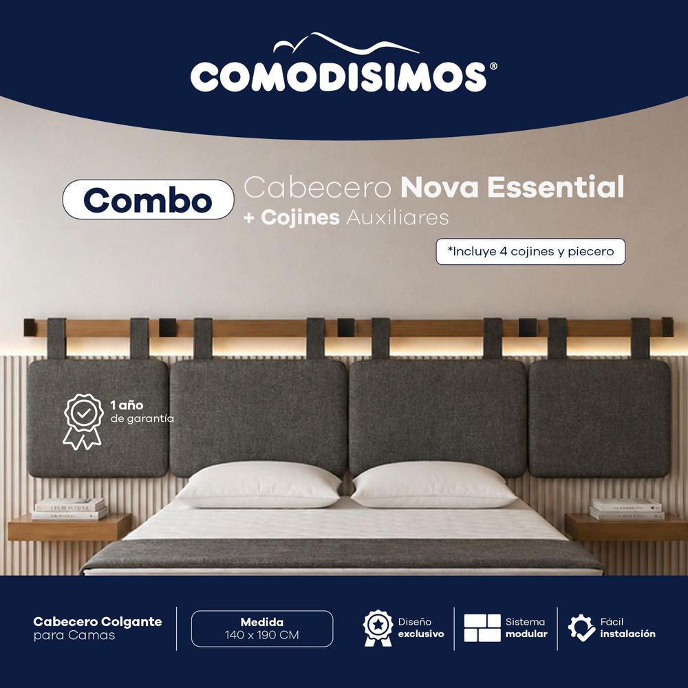 COMBO CABECERO ESSENTIAL GRIS 140 + COMPLEMENTO COMODISIMOS ECESG140CCESG img #1