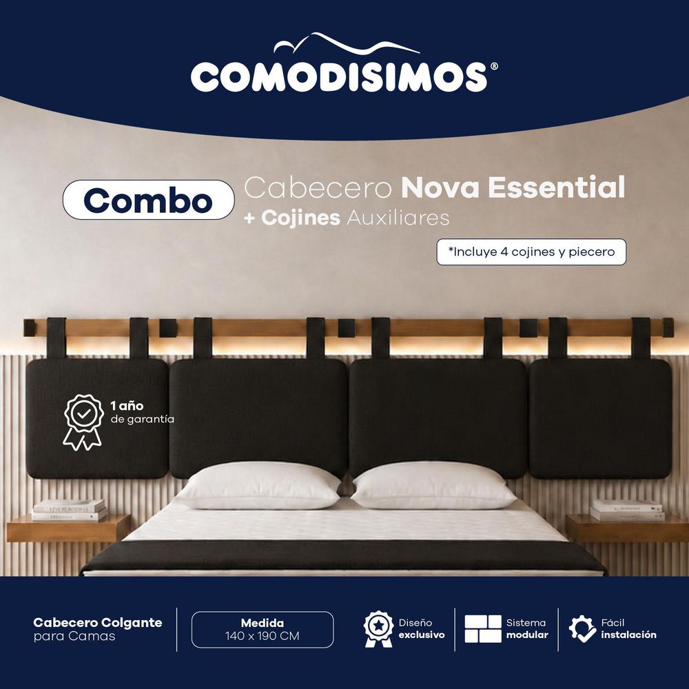 COMBO CABECERO ESSENTIAL NEGRO 140 + COMPLEMENTO COMODISIMOS ECEFN140CCEFN img #1