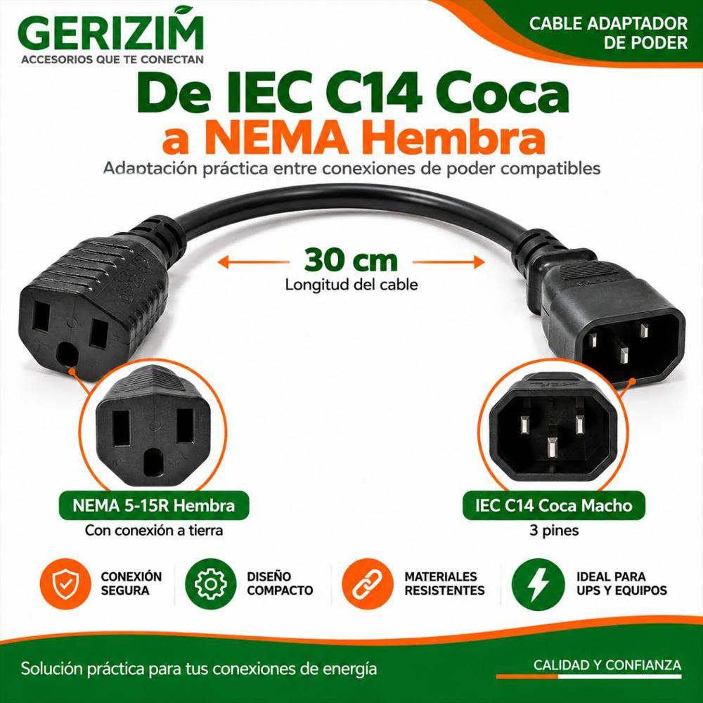 Cable Adaptador De Poder Coca A Nema 5 15 30 Cm img #2