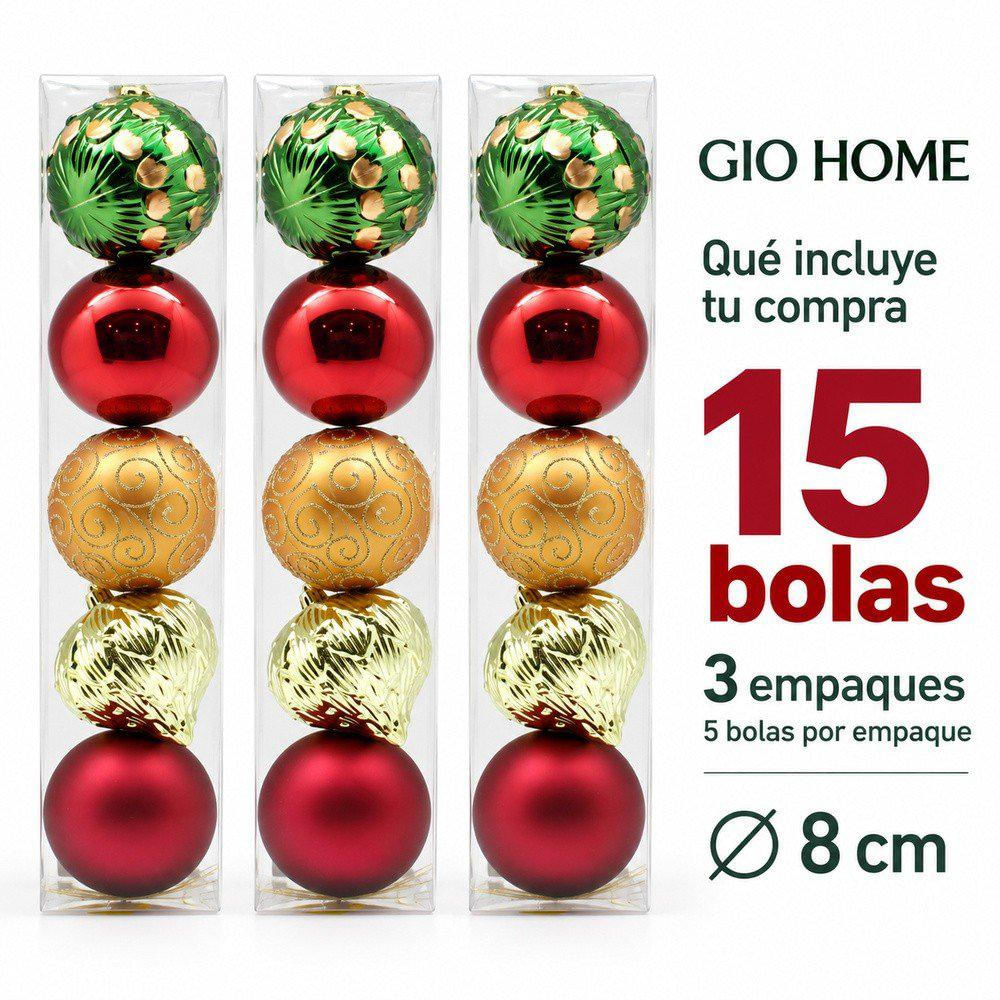 Pack X3 Set X 5 Bolas Variadas Rojo/Verde/Dorado 8Cm img #2