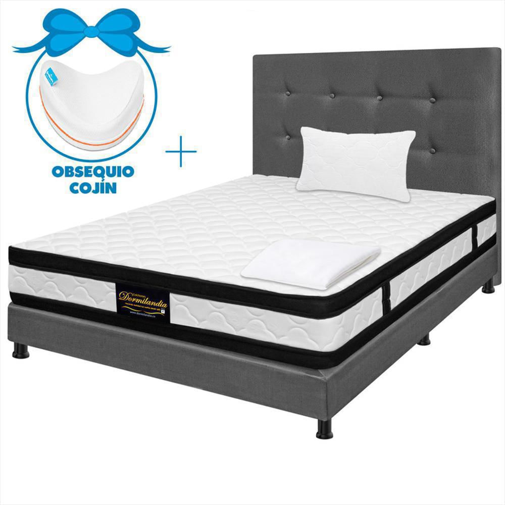 Mega Combo Colchón 100X190 Resortado Maxiflex Gris + Cojín Entrepierna+ Sábana Ajustable+ Base Cama+ Cabecero + Almohada img #1