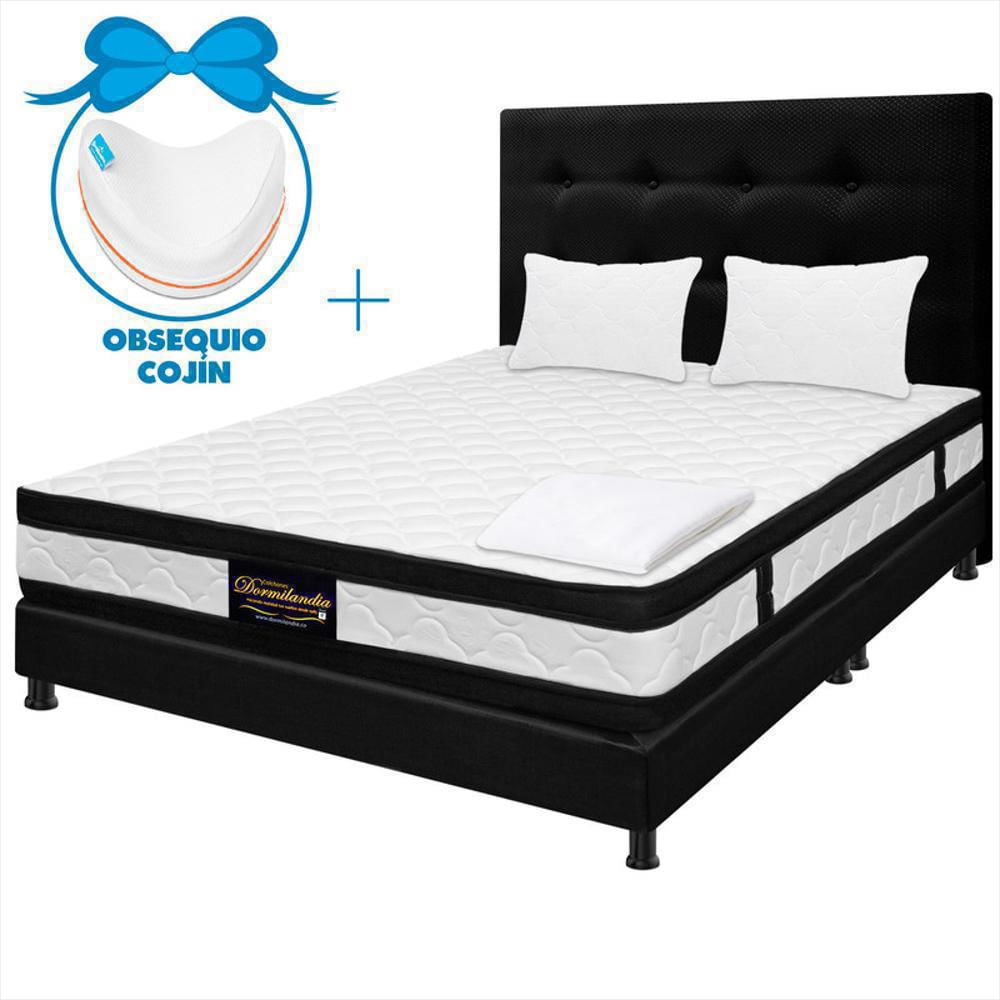 Mega Combo Colchón 160X190 Resortado Maxiflex Negro+ Cojín Entrepierna+ Sábana Ajustable+ Base Cama+ Cabecero +Almohadas img #1