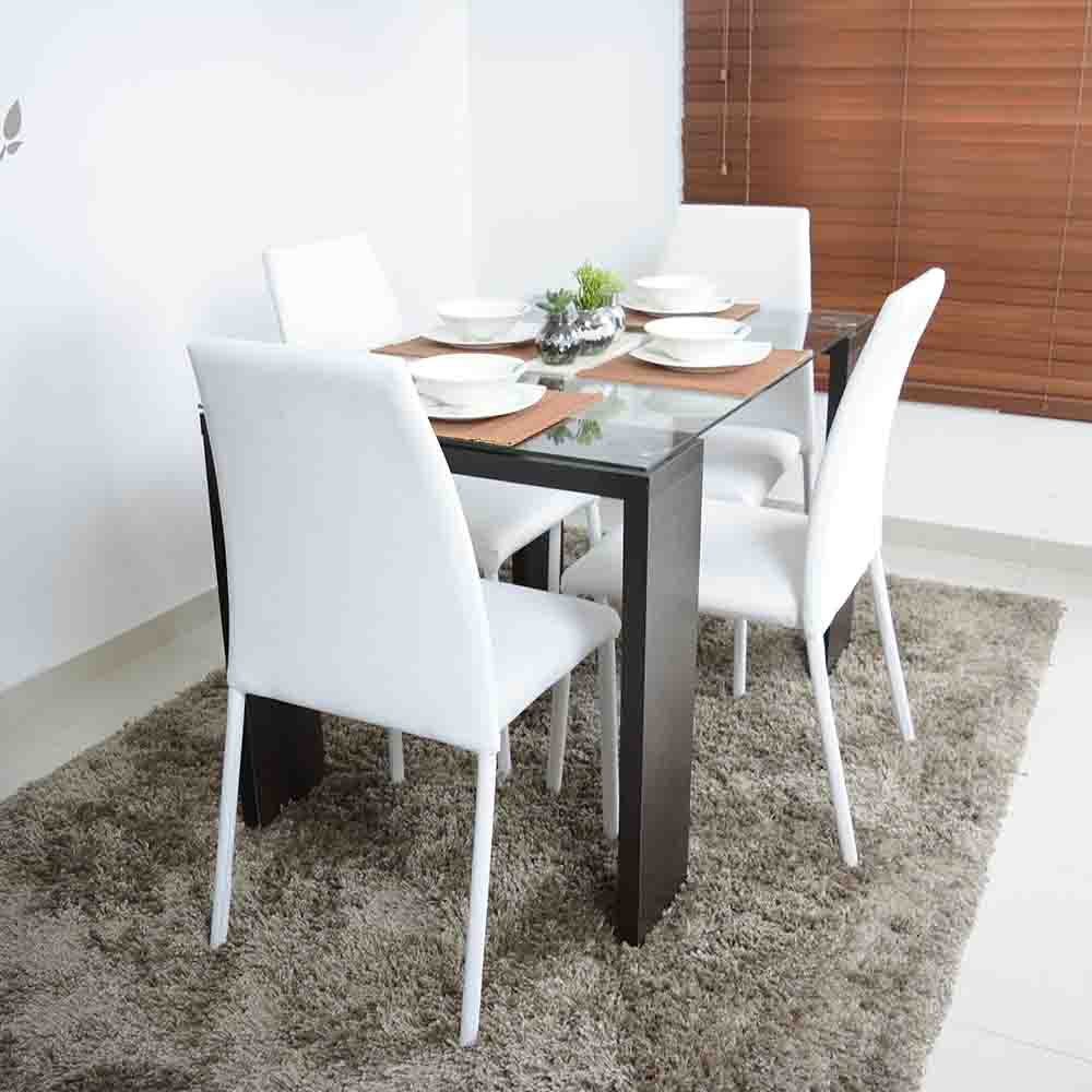 Comedor 4P Wengue Vidrio Templado 8 Mm 4 Sillas Blanco img #2