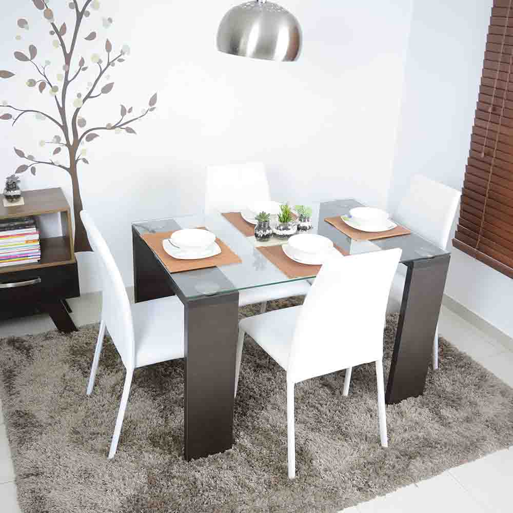 Comedor 4P Wengue Vidrio Templado 8 Mm 4 Sillas Blanco img #1