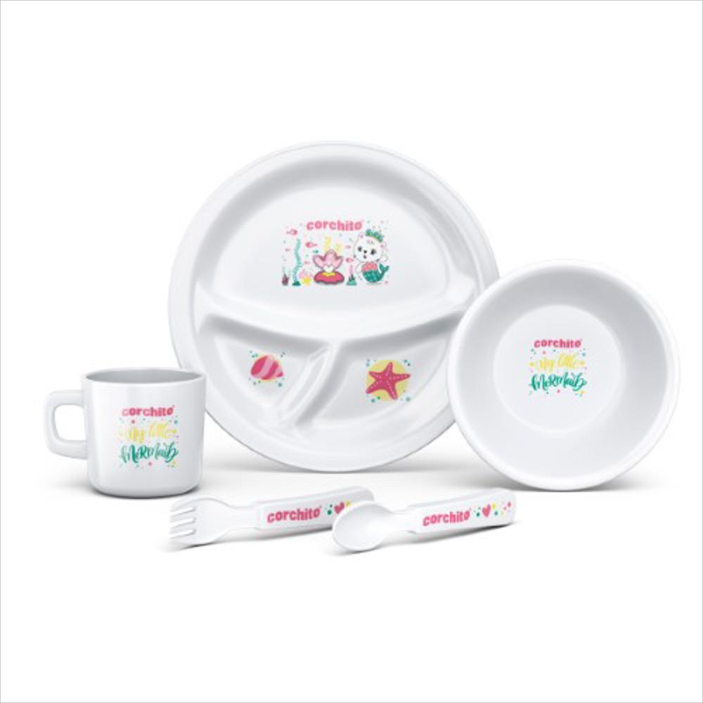 Set Vajilla Bebes Niños 5 Piezas Plato Divisiones Cubiertos Blanco Niña img #1