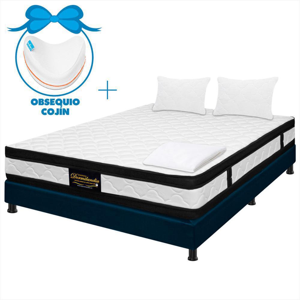Combo Colchón Doble 140X190 Resortado Maxiflex Azul + Cojín Entrepierna + Sábana Ajustable + Base Cama + Almohadas img #1