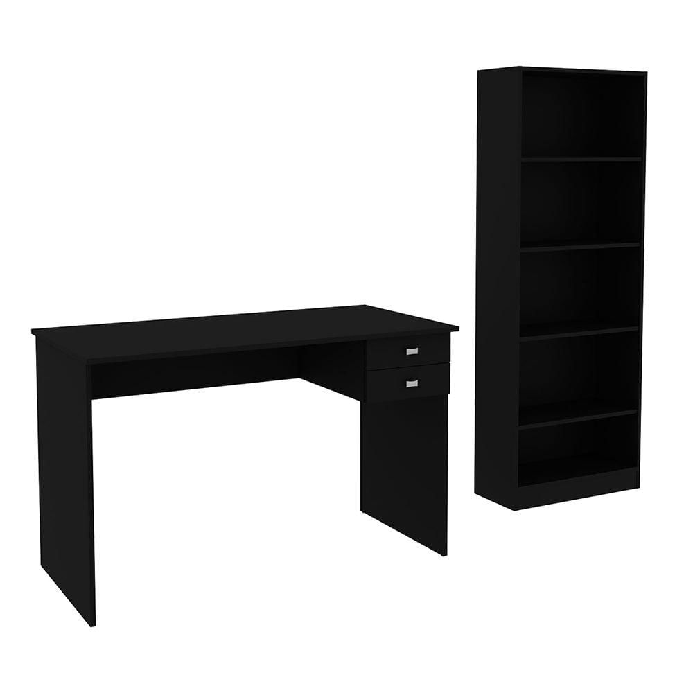 Combo Biblioteca Con Repisas + Escritorio Dos Cajones Negro img #1
