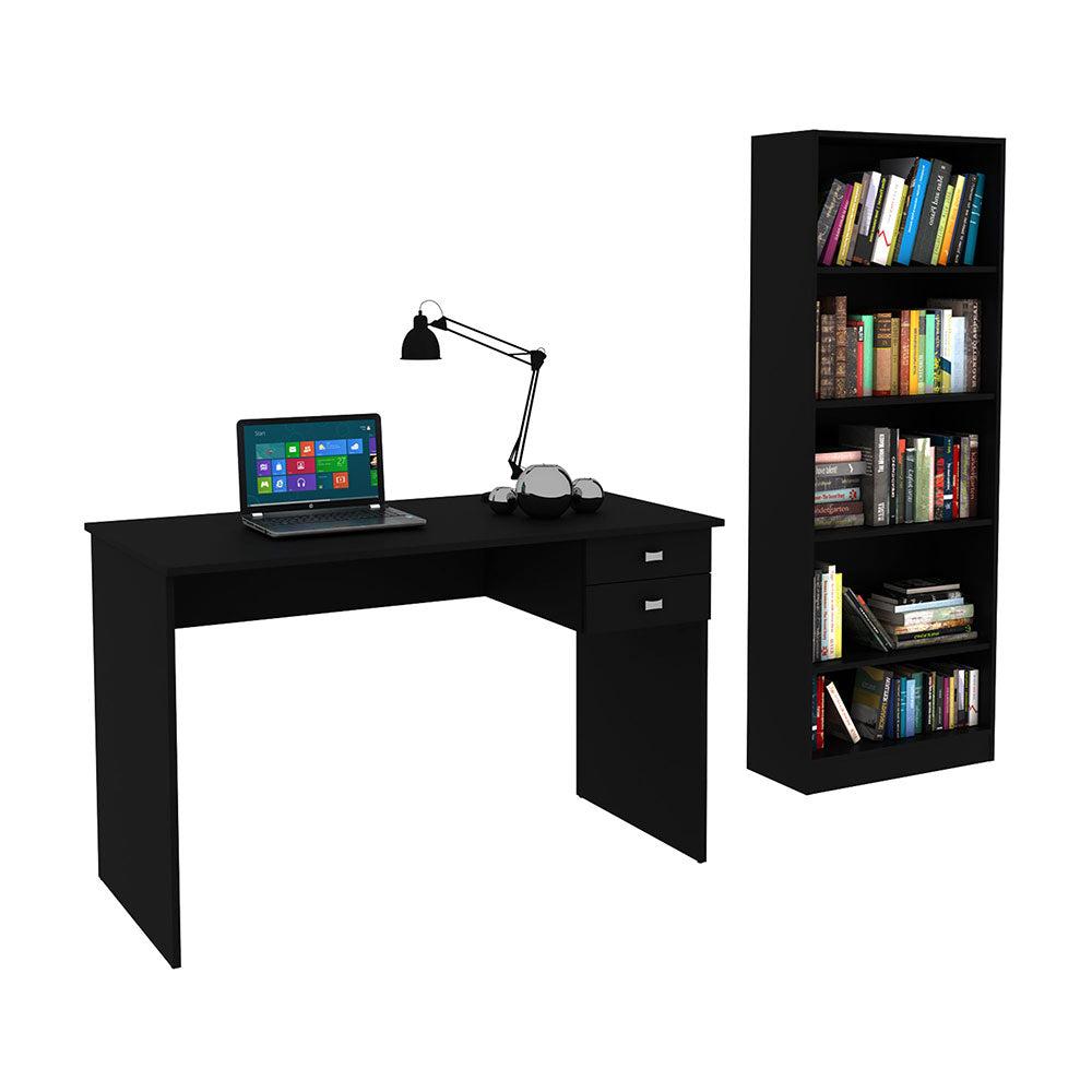 Combo Biblioteca Con Repisas + Escritorio Dos Cajones Negro img #2