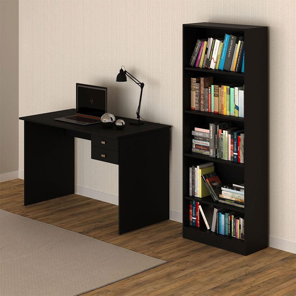 Combo Biblioteca Con Repisas + Escritorio Dos Cajones Negro img #3